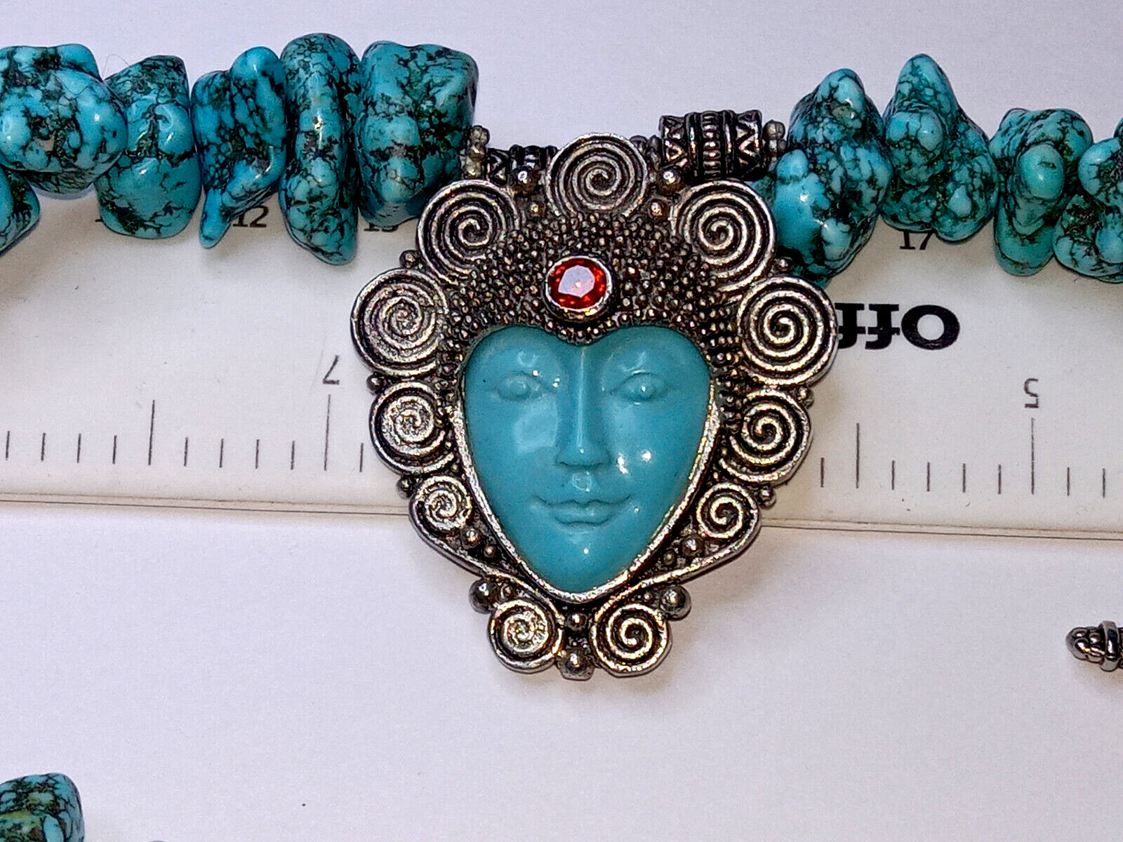 MOON GODESS 925 ,TURQUOISE BEAD W/GARNET ACCENT NECKLACE 19″, 92.5G