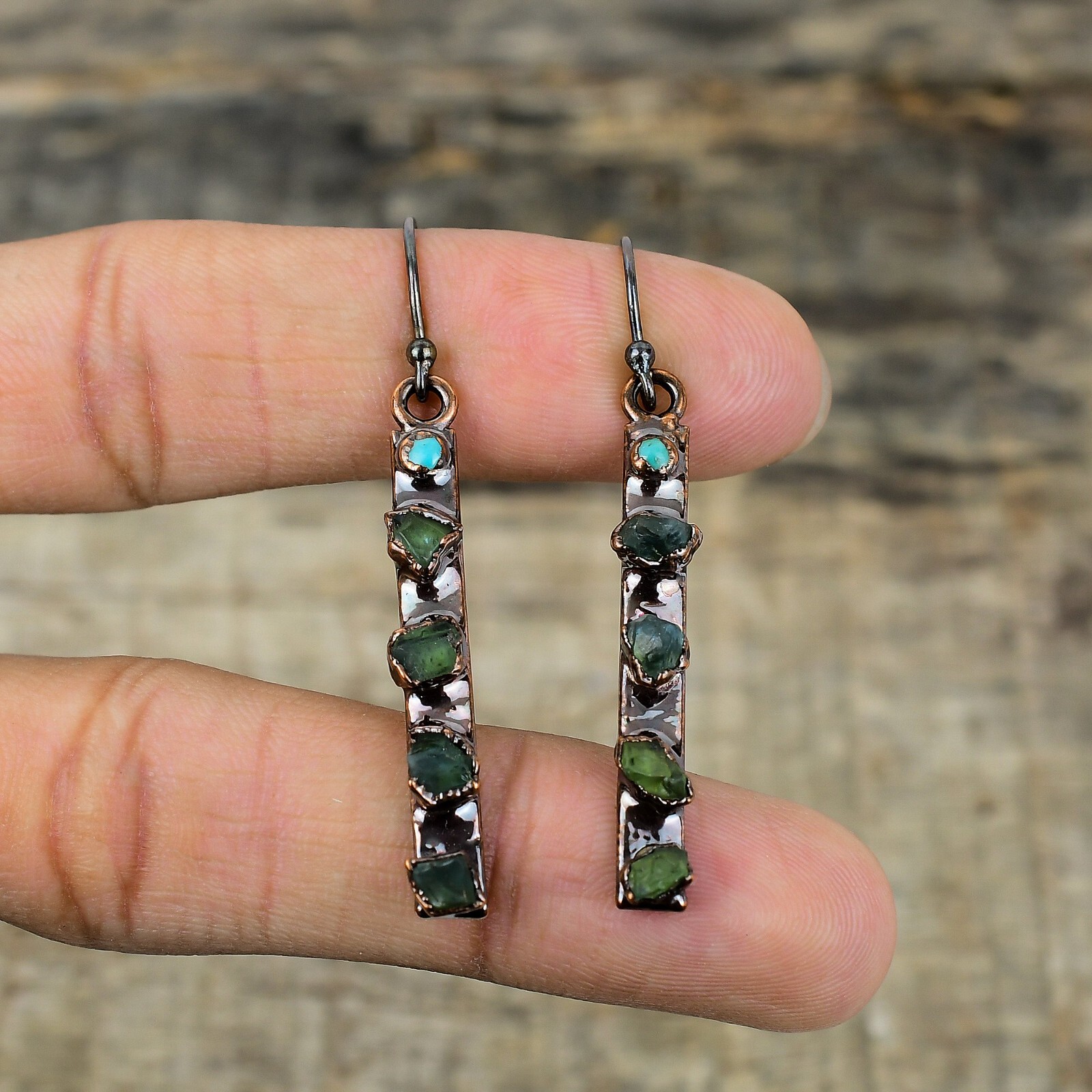 Green Tourmaline Rough Copper Gift For Briedsmaid Electroformed Earrings 2.2″