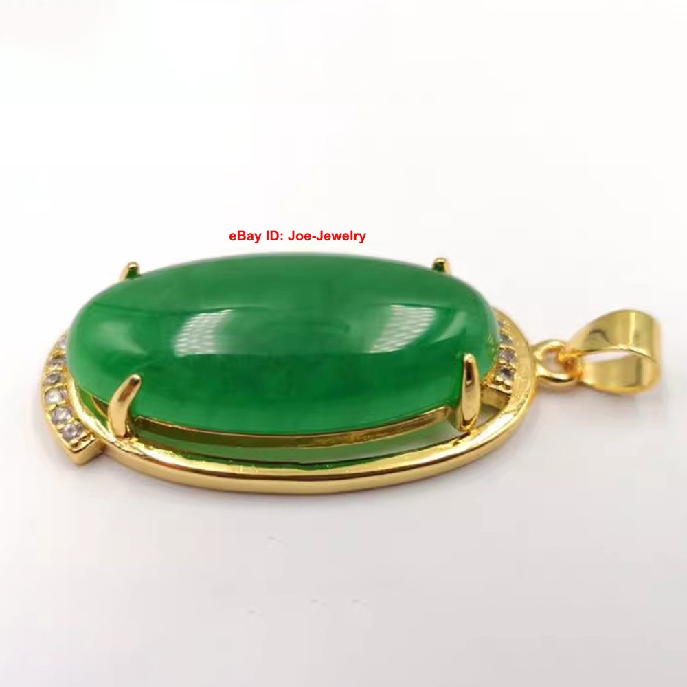 New Yellow Plated Alloy Heated Oval Green Jade Pendant 45mm H Bright