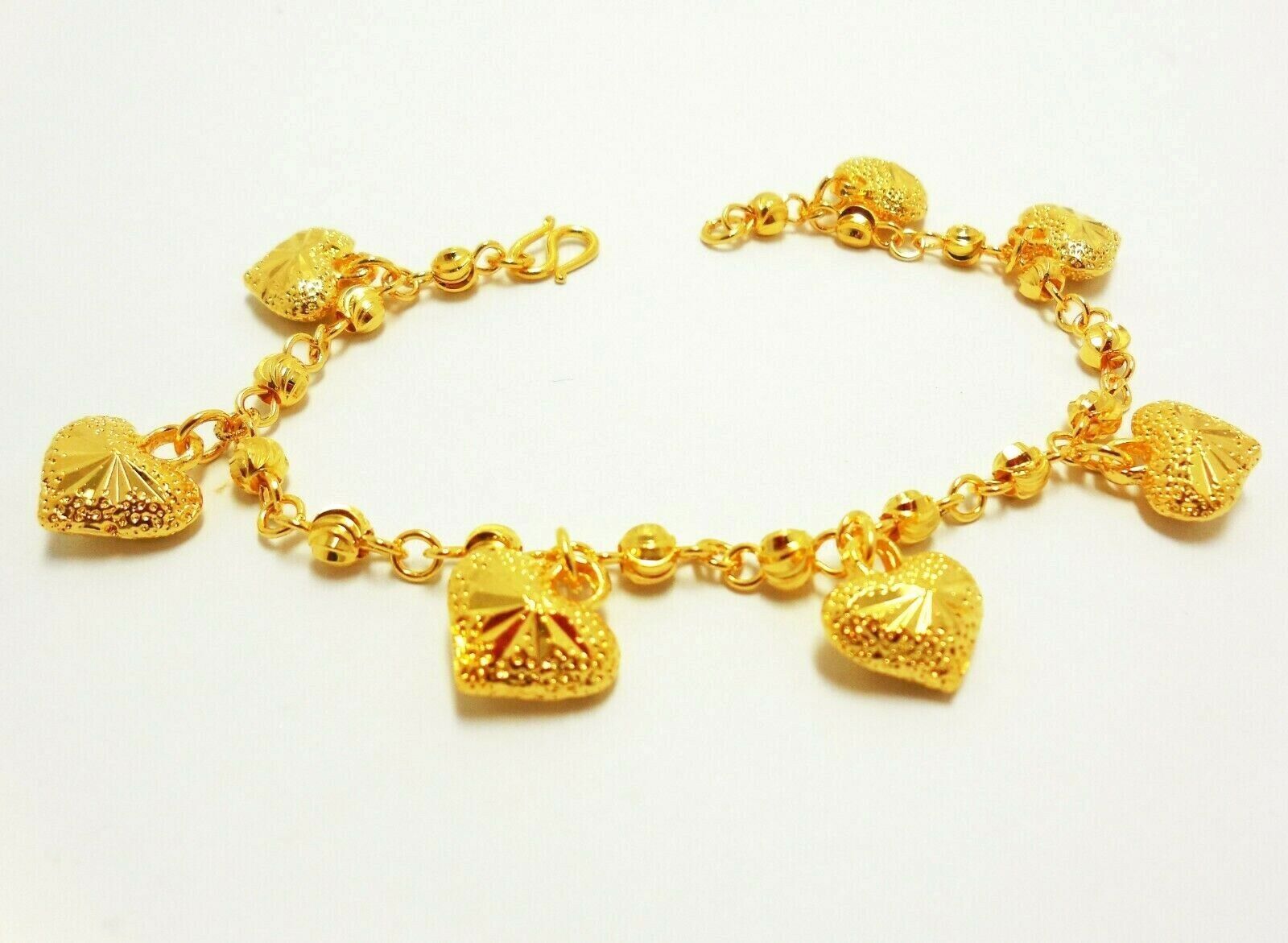 Hearts 22K 24K Thai Baht Yellow Gold Plated Bracelet Bangle Jewelry Women 7 inch