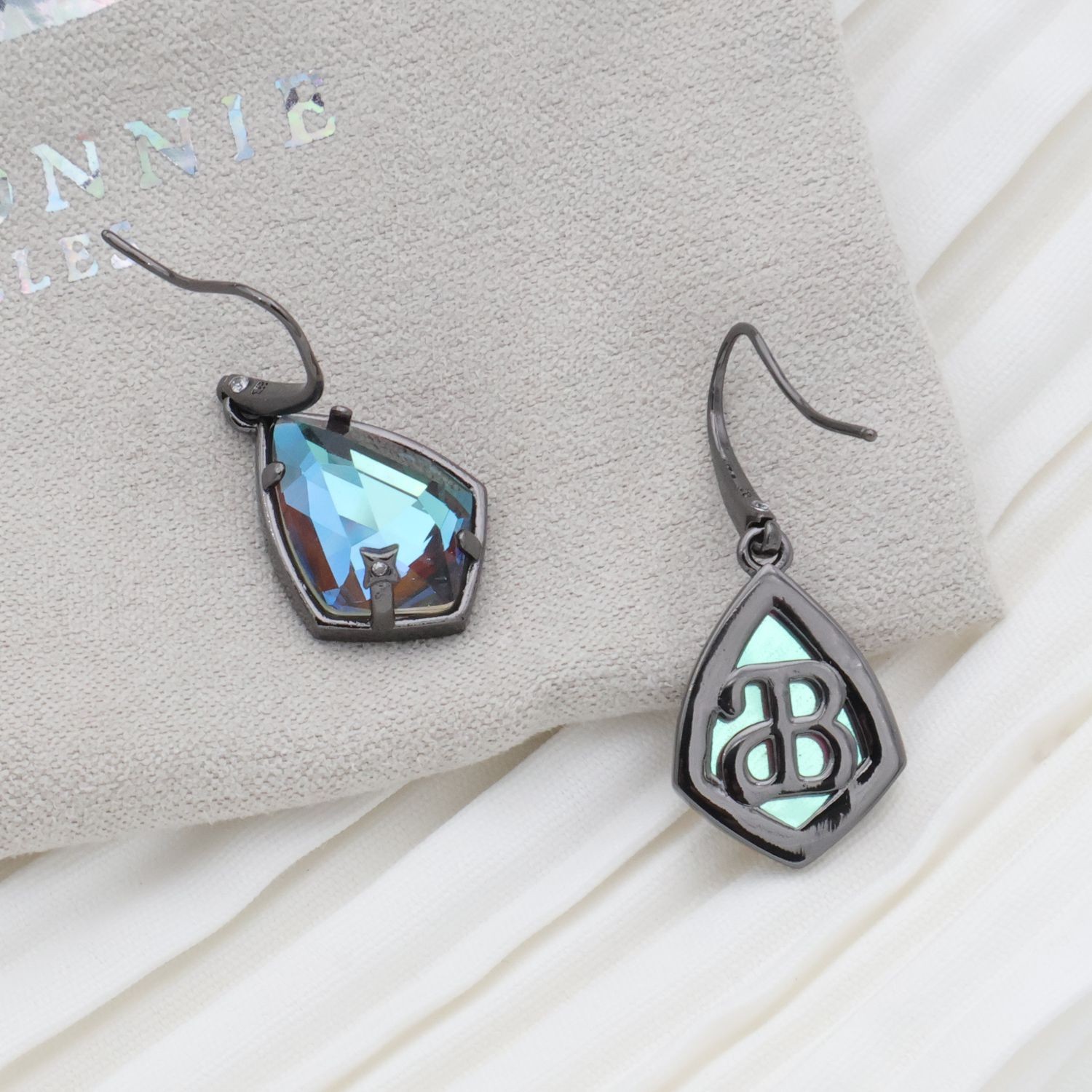 Alicia Bonnie Miley Light Gray Dichroic Glass Gunmetal Black Drop Earrings