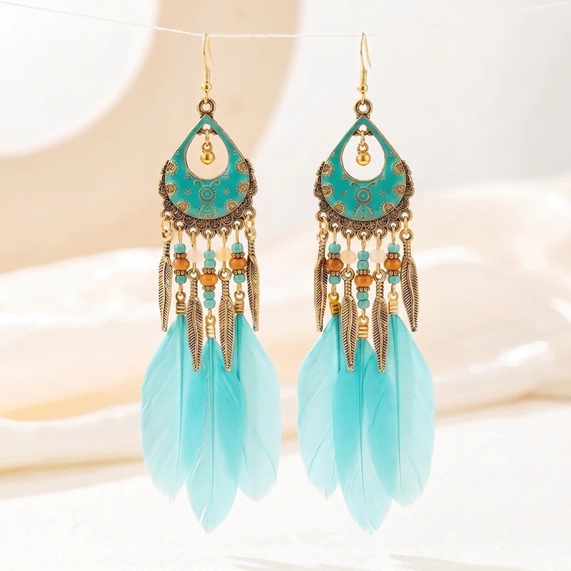 Handmade Bohemian Charm Colorful Feather Retro Design Beaded Long Earrings Women