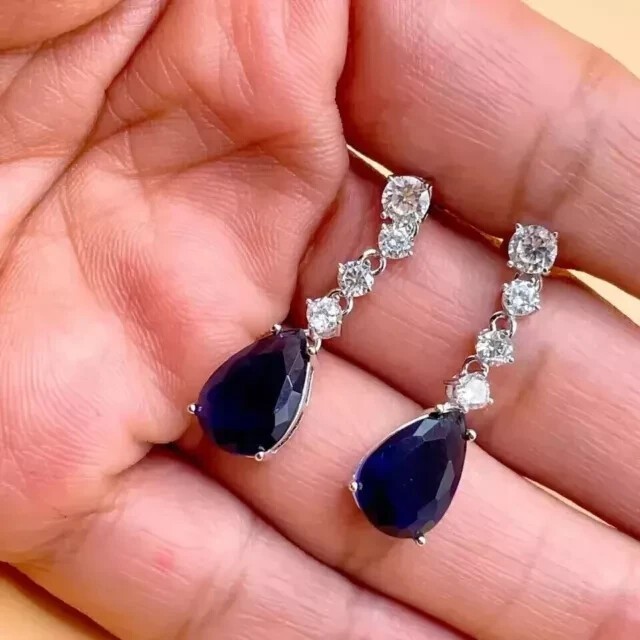 2Ct Pear Cut Simulated Sapphire Drop Dangle Earrings 14k White Gold Plated