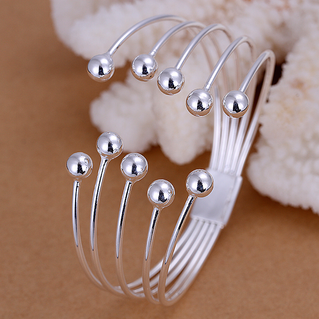 Unisex Men Womens 925 Sterling Silver Cuff Bangle Beads Bracelet L88