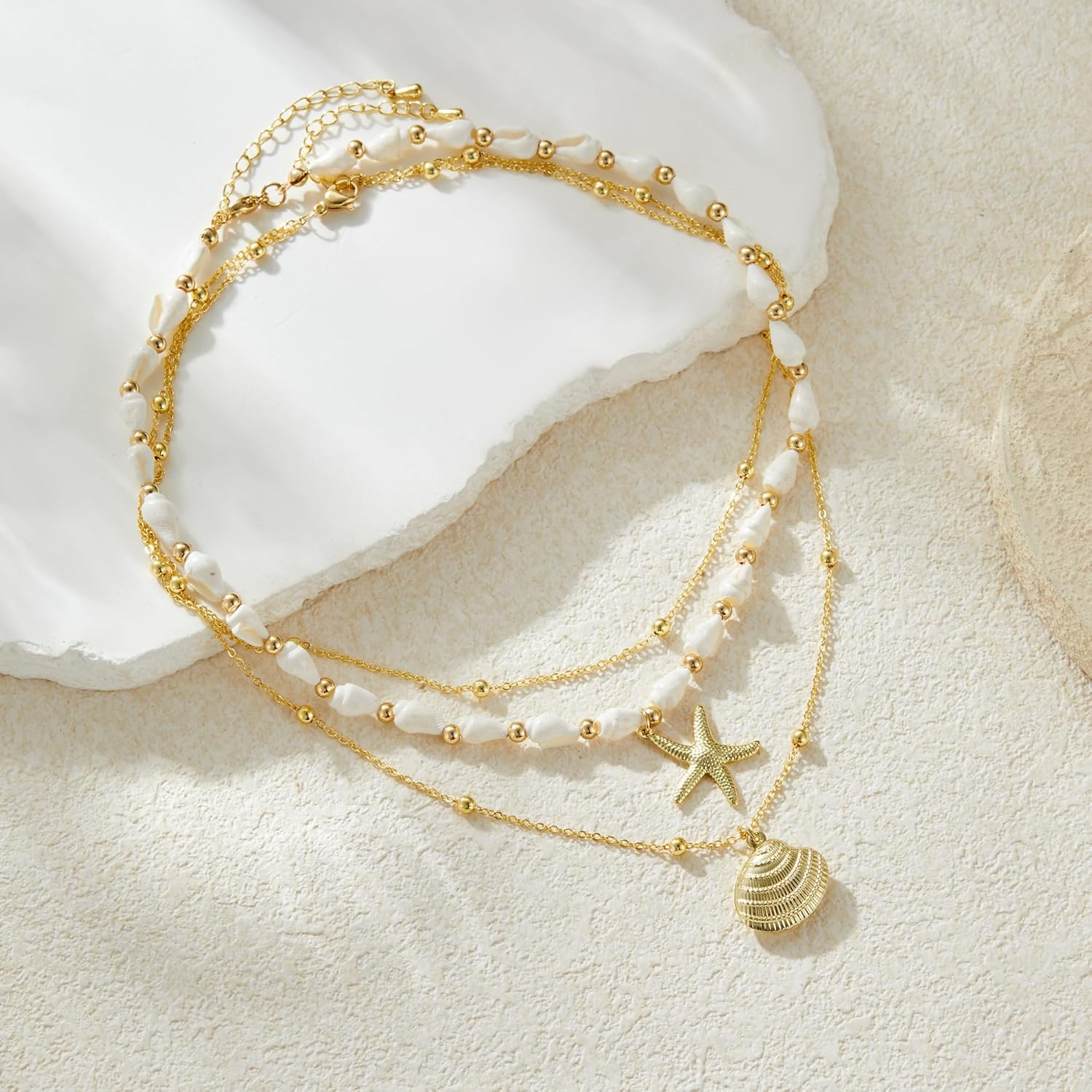 Seashell Starfish Necklace for Women Conch Shell Summer Pearl Beach 14K Gold Lay