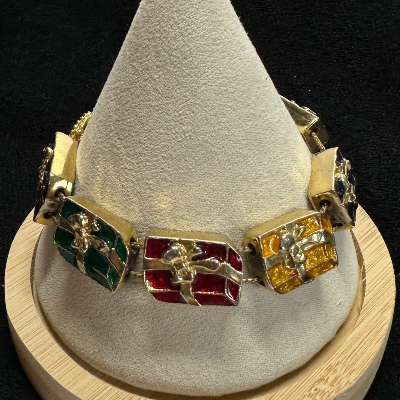 Vintage Christmas Present Bracelet Red Green Blue Enamel Gold Tone Holiday