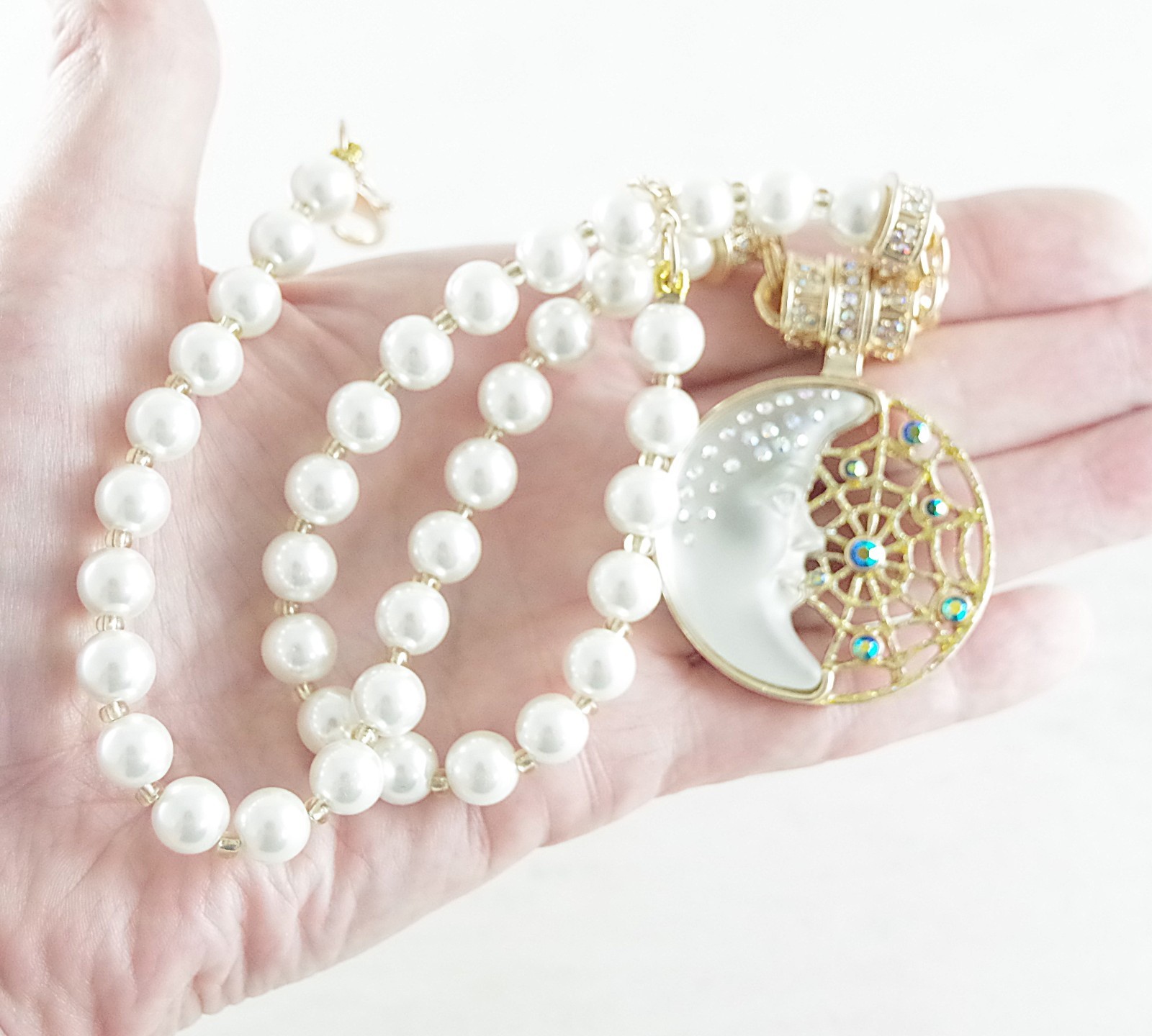 KIRKS FOLLY AB CRYSTAL RHINESTONE WHITE MOON/ DREAM CATCHER ENHANCER NECKLACE