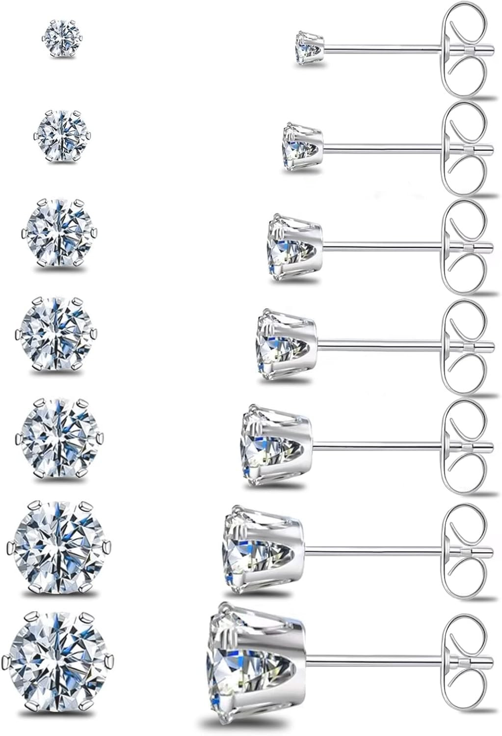 Silver Gold Black Stud Earrings Set 7Pairs Hypoallergenic Cubic Zirconia Titaniu