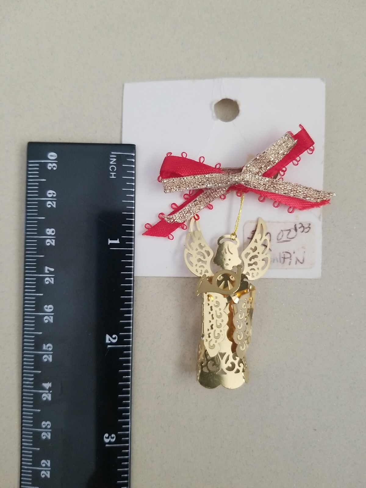 Angel Lapel Broch Scarf Gold Tone Pin With Red Ribbon Bow 2 Inches Horn