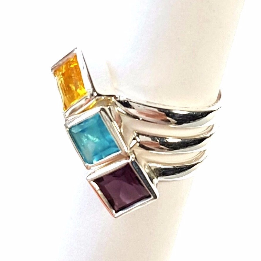 (SIZE 5,6,7,8,9) 3 STACK RINGS Cubes Amethyst Aquamarine .925 STERLING SILVER