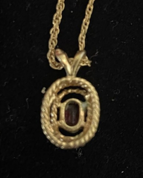 AVON SignedPink Stone Pendant on Goldtoned Chain. Gift Box