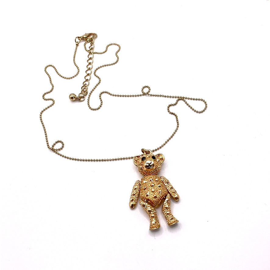 Articulated Teddy Bear pendant necklace gold tone metal 42cm costume jewellery