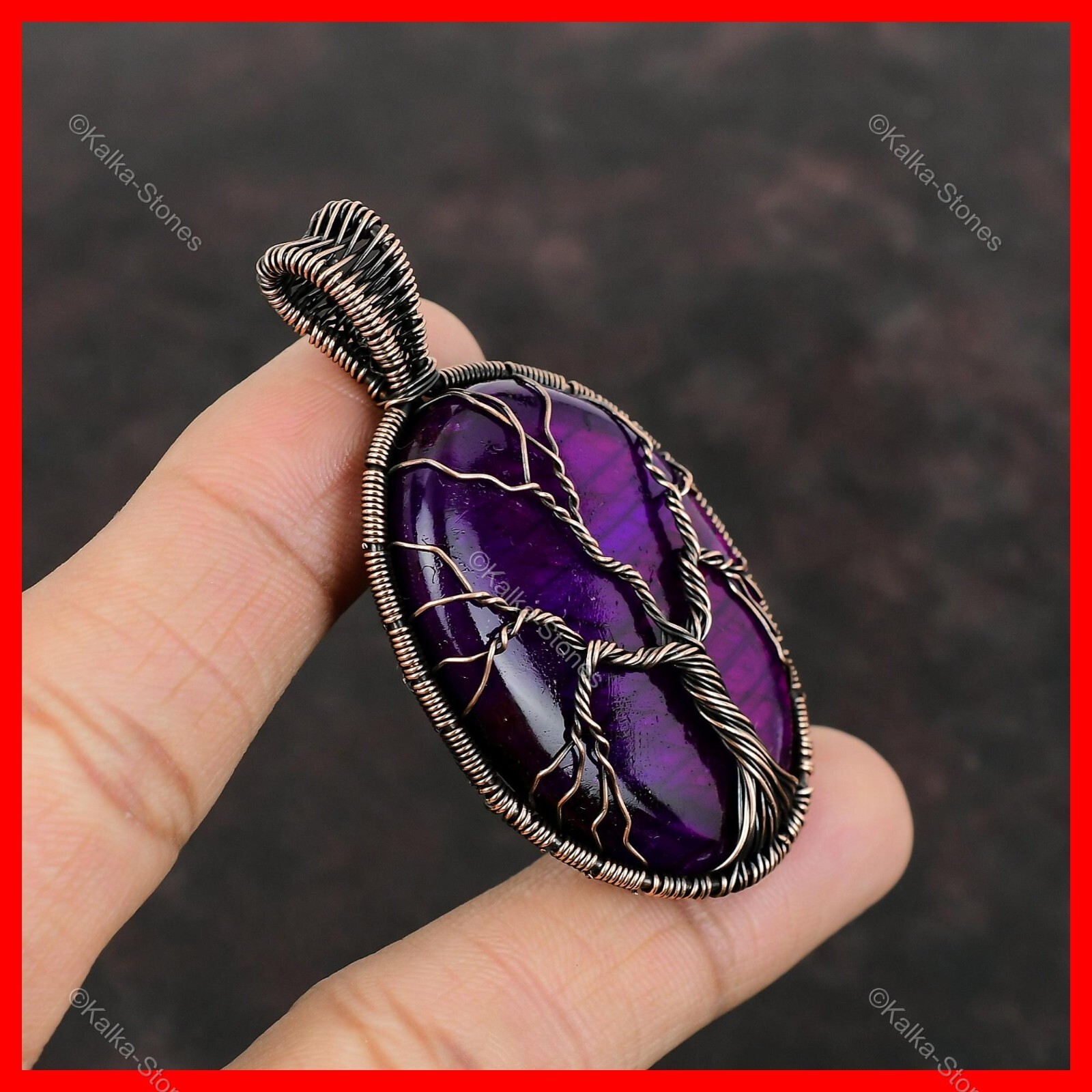 Pink Fire Labradorite Stone Tree Of Life And Wire Wrapped Pendant Jewelry Copper