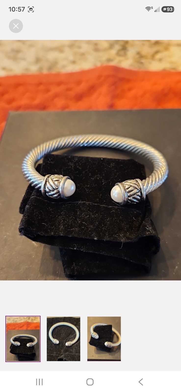 0035 Silver Tone Rope Twist Cuff Bracelet White Round Pearl Colored Bezel Caps