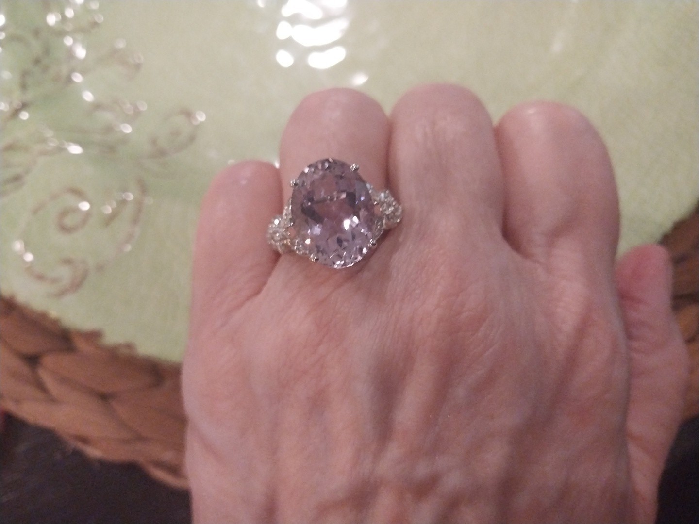Karis Rose De France Amethyst, White Zircon Floral Rng PlatBond, sz 9, TCW= 9.70