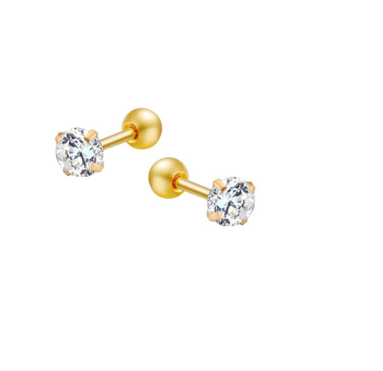 2Pcs Silver Gold Stainless Steel Round CZ Screw Back Stud Earrings for Women Men