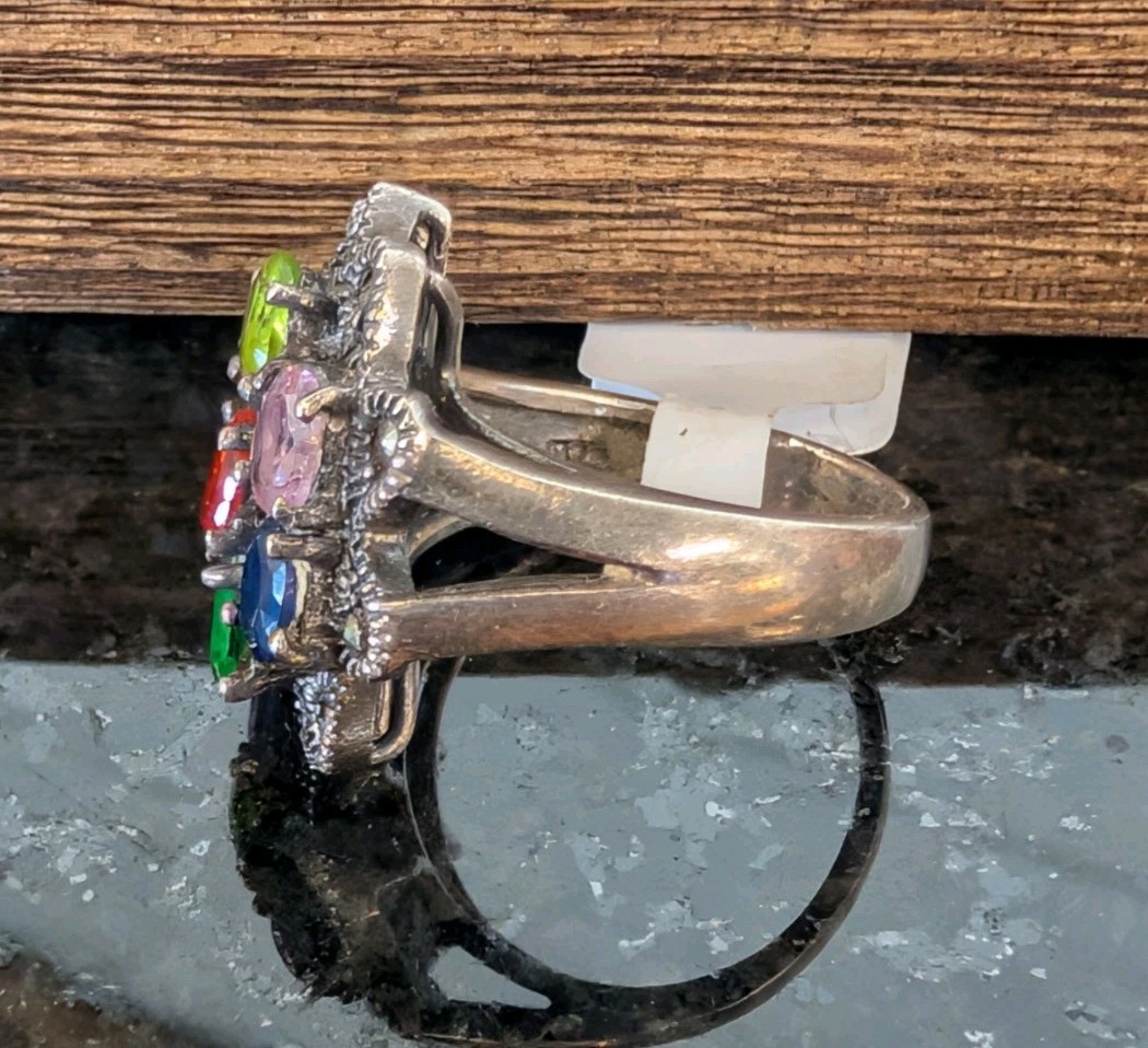 925 STERLING SILVER SZ 6.5 MULTI COLOR STONES FLORAL RING MARCASITE
