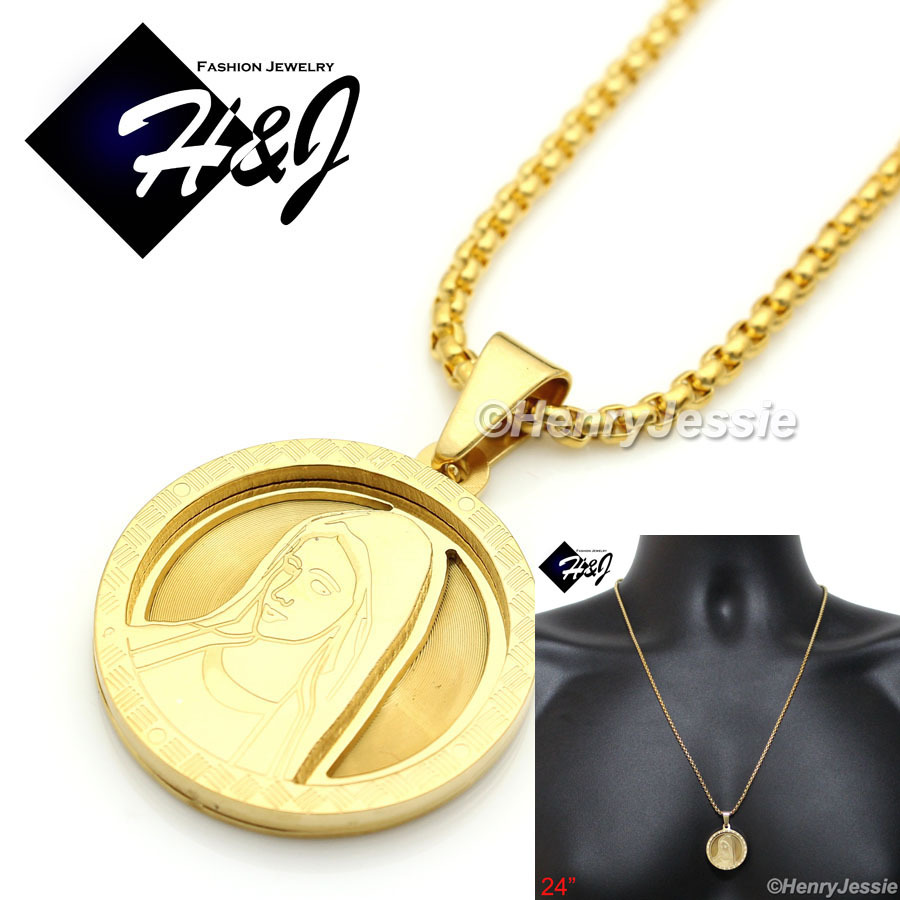24″MEN Stainless Steel 2mm Gold Plated Box Link Chain VIRGIN MARY Pendant*GP54
