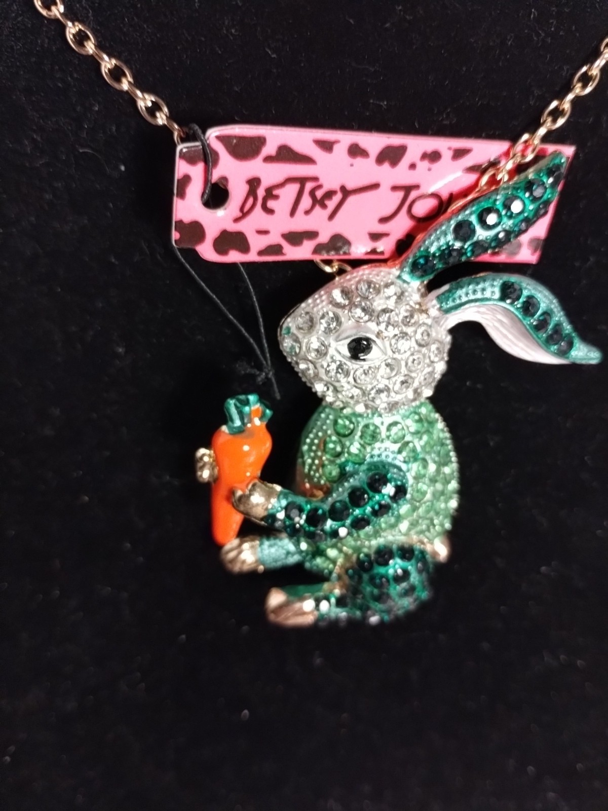 Betsey Johnson Green Rabbit / Bunny & Carrot Rhinestone Necklace/Pin New W/Tags