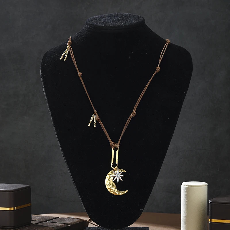 Vintage Gold Color Moon Star Pendant Necklace for Women Brown Leather Cord Adjus