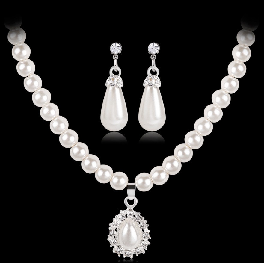 Pearl Necklace & Earrings Set White Teardrop Pendant Crystal Bridal Wedding set