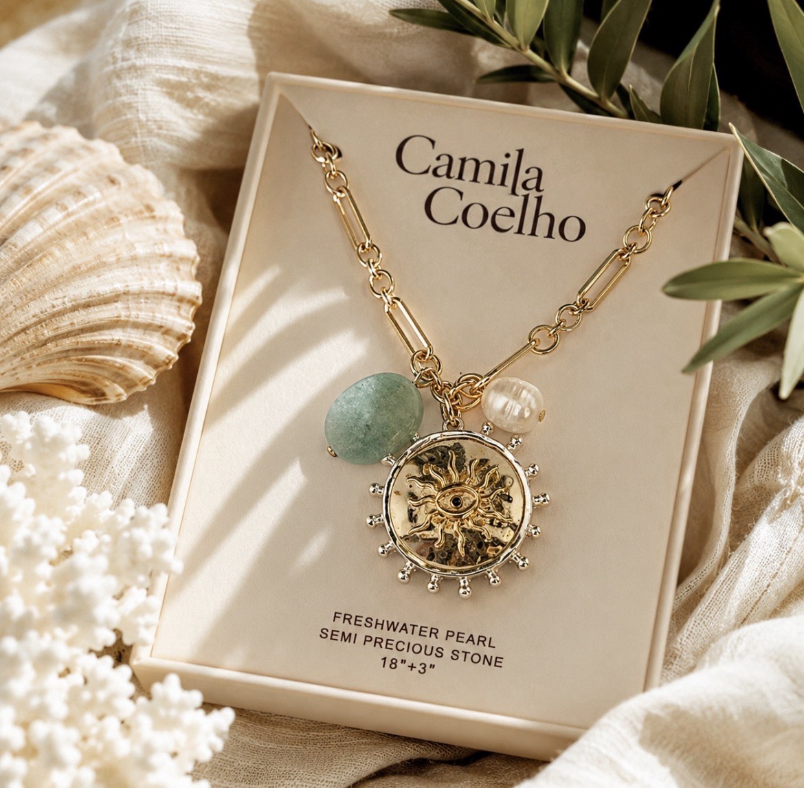 NWT Camila Coelho Sun Evil Eye Necklace Freshwater Pearl Semi Precious Stone