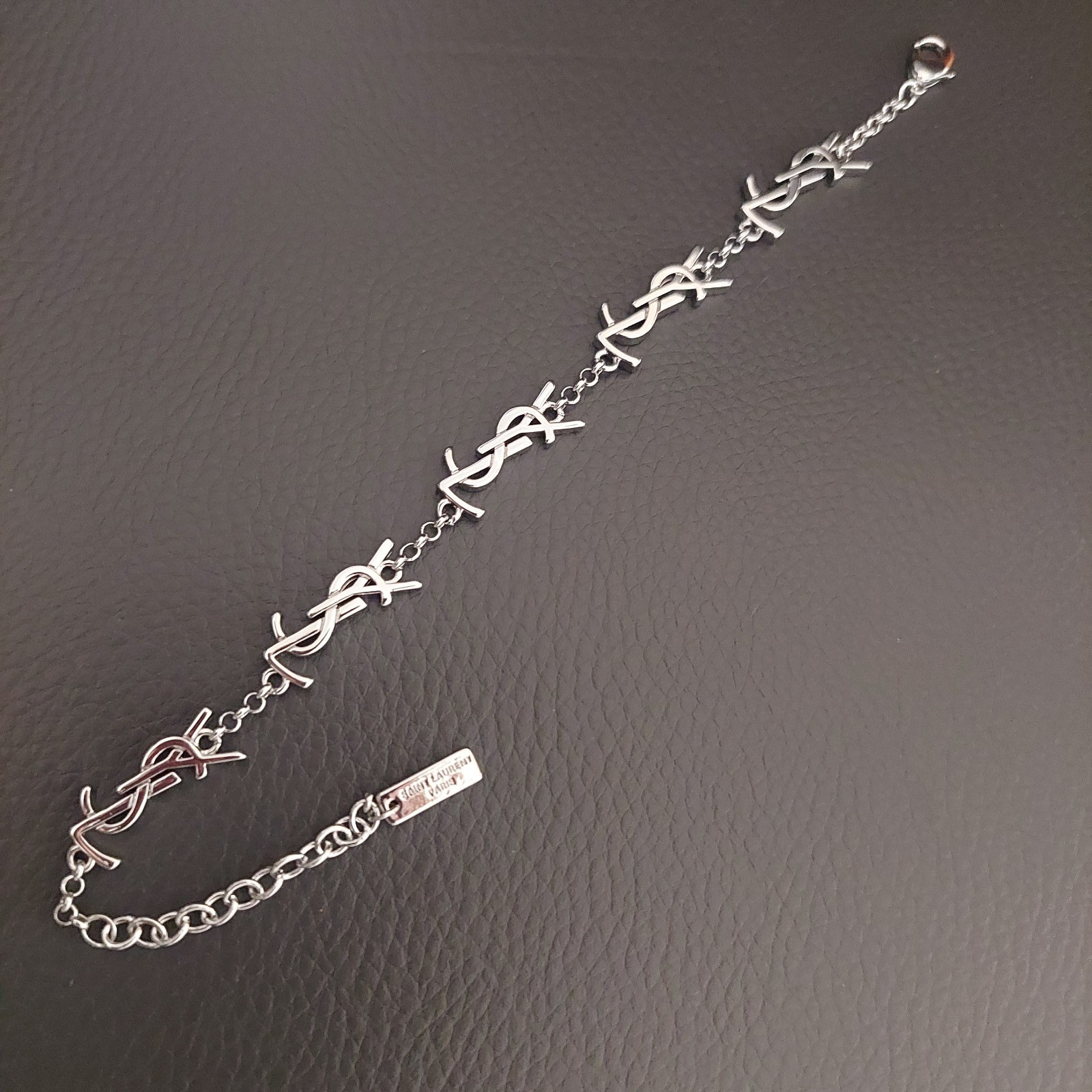 YSL Saint Laurent Silver Tone Logo Charm Bracelet