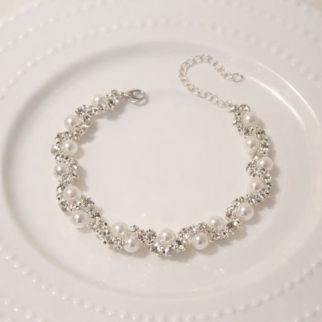 Pearl Crystal Bracelet,Bridal Bracelet,Cute Romantic Pearl Bracelet,002