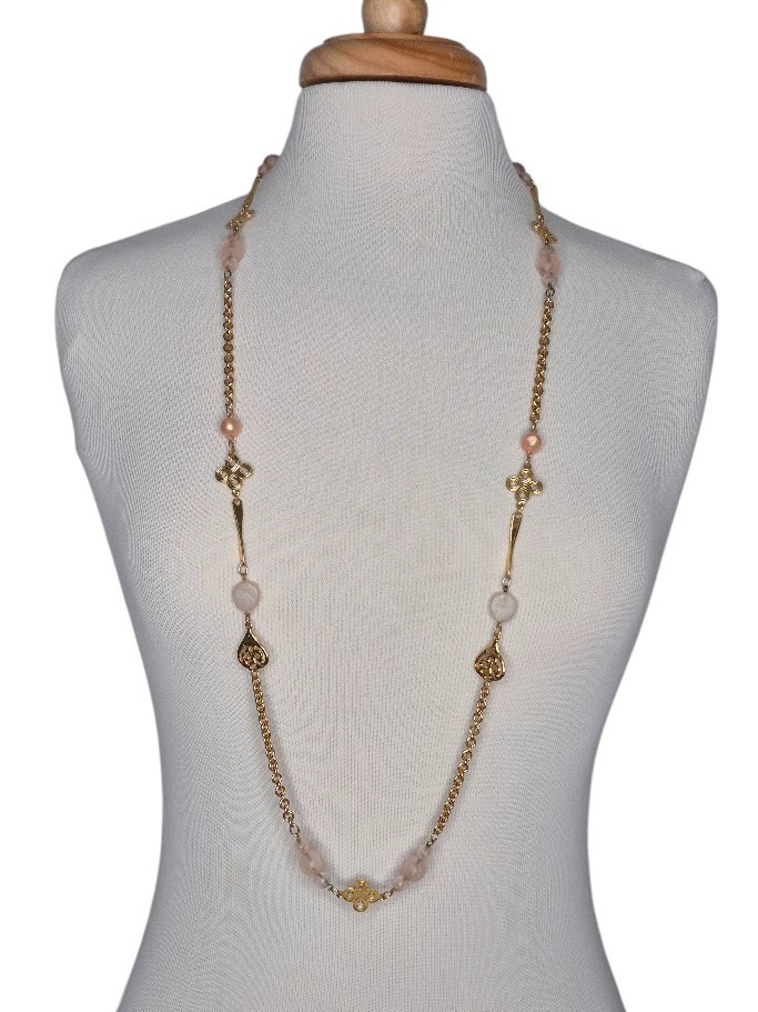Casual Corner Gold Tone Chain Peach Blush Beaded Necklace Signed 40″