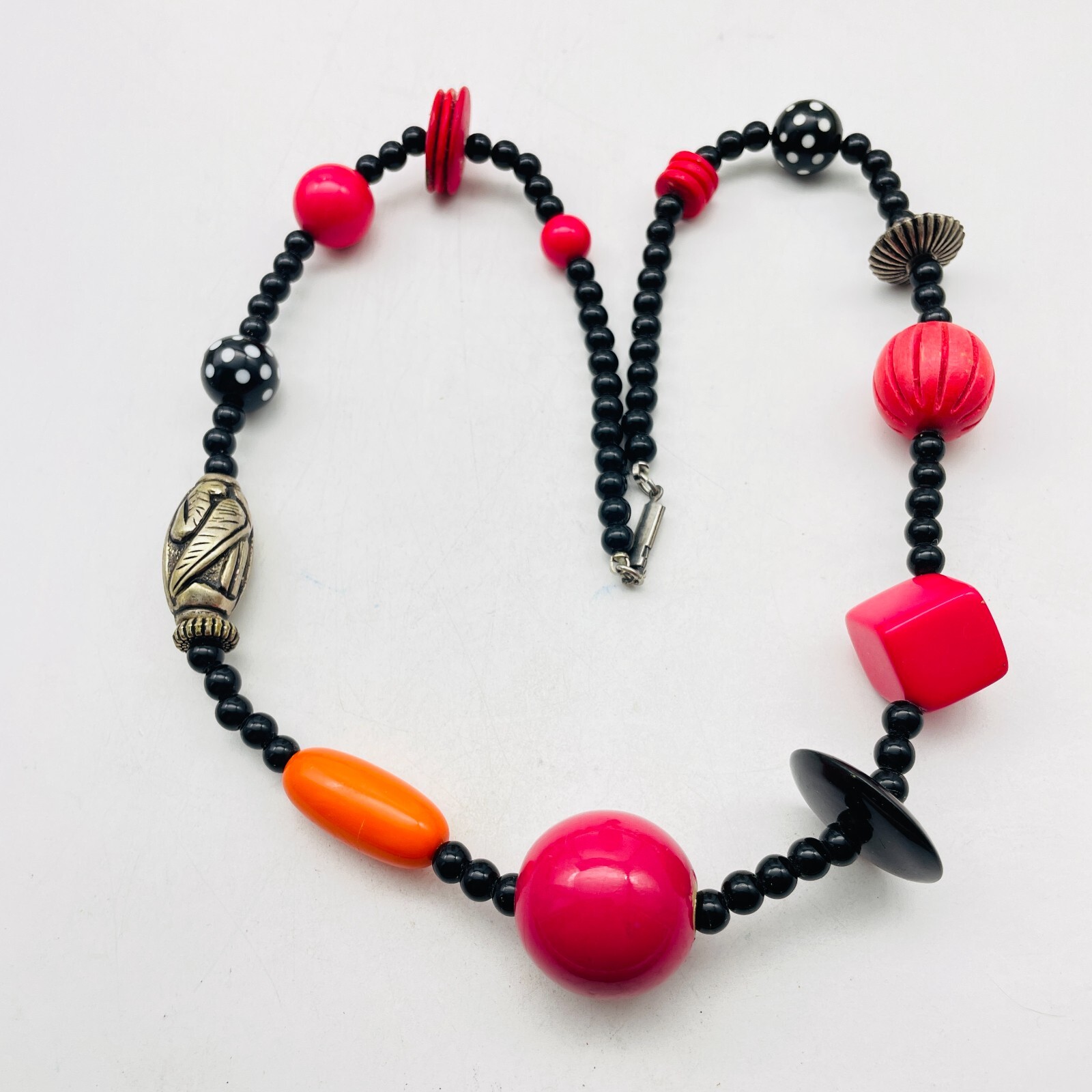 Beaded Station Necklace Black Pink White Orange Silver Tone Chunky Boho Festival