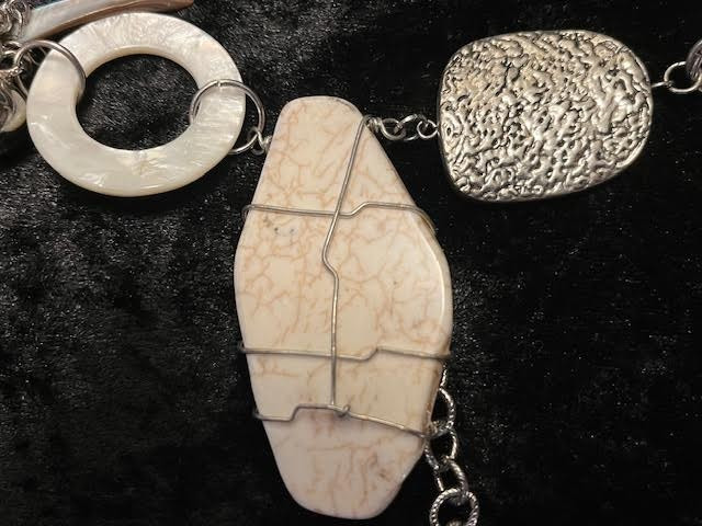 Vintage Signed CHICO’S Stone, Metal, Shell Beads w/Metal Chain 36″ Asymmetrical
