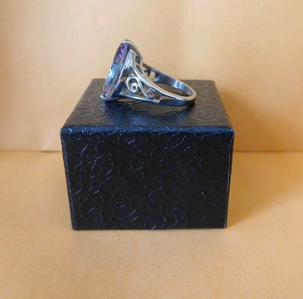 Stainless Steel Size 8 Mystic Fire Look Ring Marquise Shape Silver Scrollwork