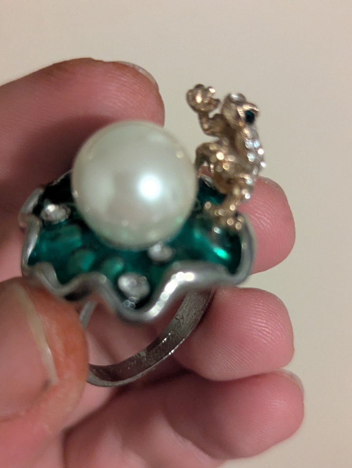 A Frog Ring With A Fake Pearl! It Is Green Yes, Yes Indeed. At least Has In It