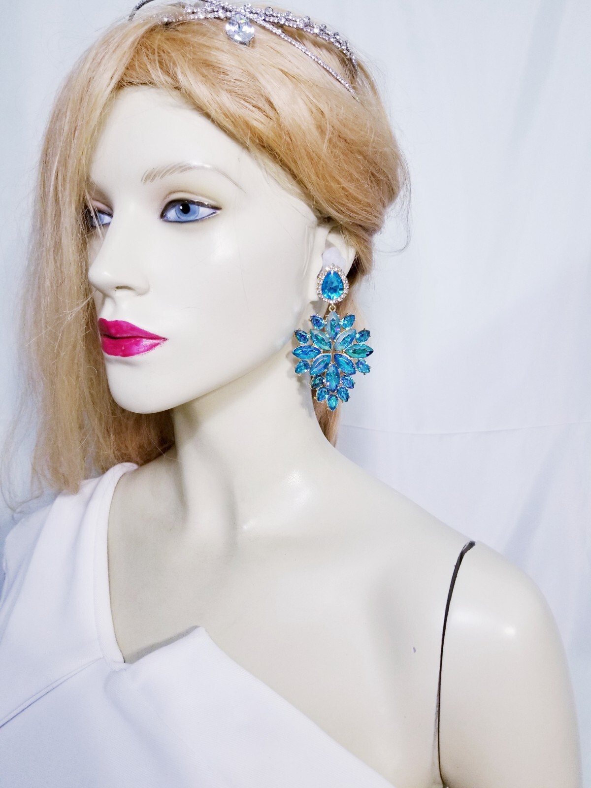 Aqua Crystal Bridesmaid Rhinestone Chandelier Drop Earrings 3.6 inch Jewelry