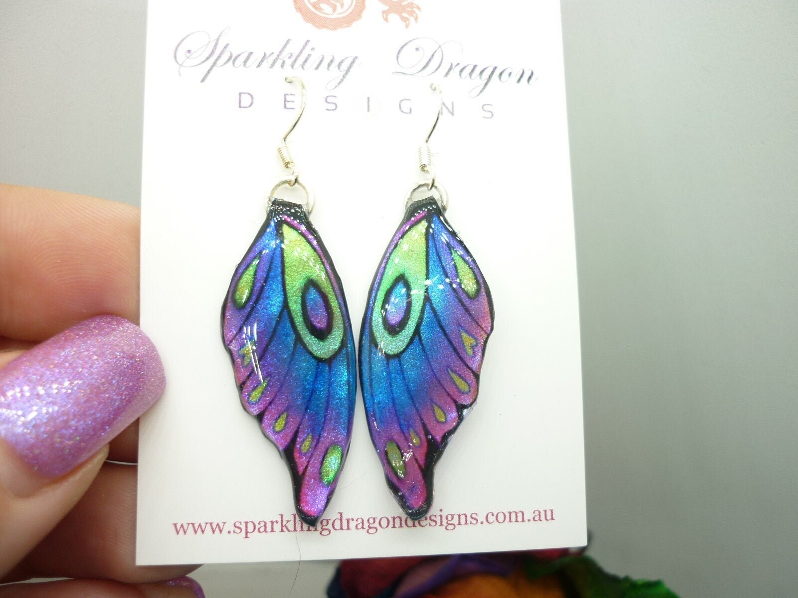 Butterfly Wing Earrings Blue Purple Green Fairy Jewellery, Fun Gift for her