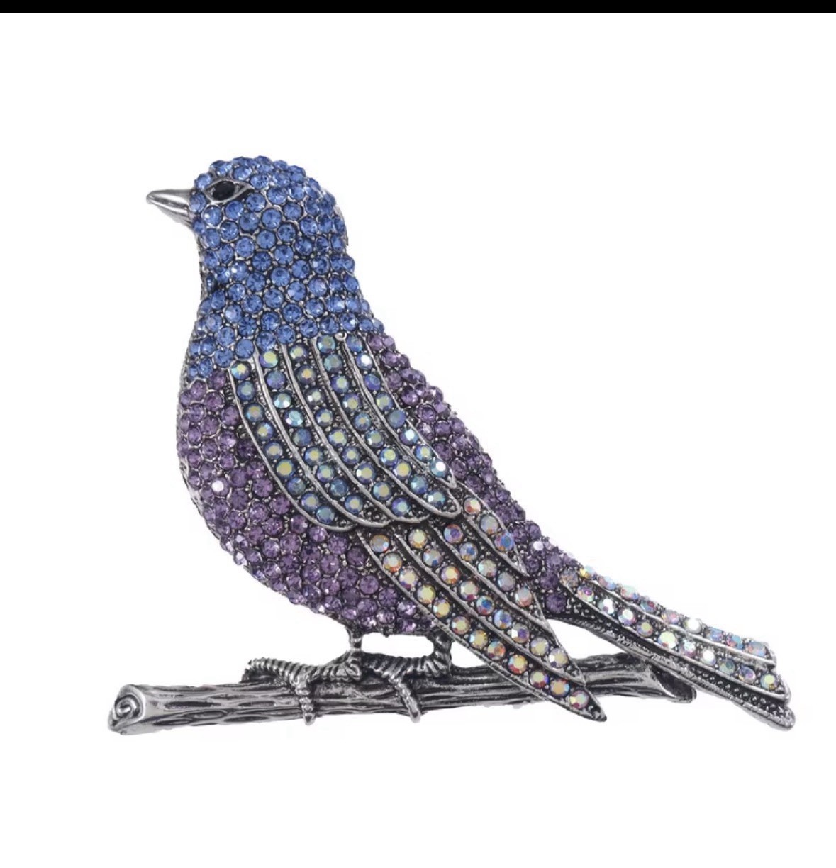 Rhinestone Bird Brooch Blue Purple Crystal Pin Vintage Style Statement