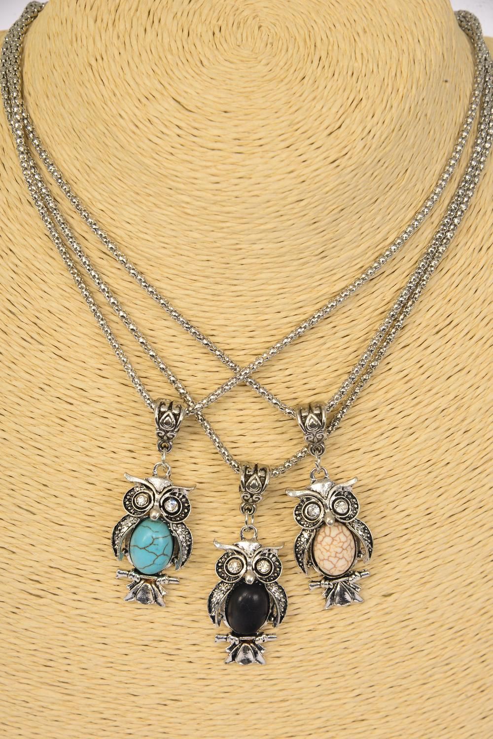Owl Necklace with Semi-Precious Stone – 1.5″ long x 0.75″ wide