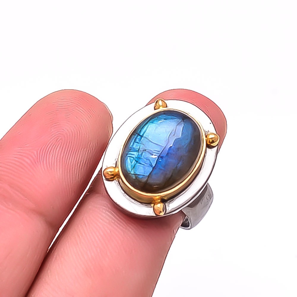 Labradorite – Madagascar Two Tone Designer 925 Sterling Silver Ring S.9 R17