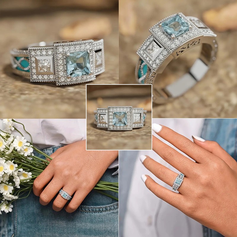5Pcs Boho Turquoise Zircon Rings Set for Women Fashion Daily Jewelry Gift