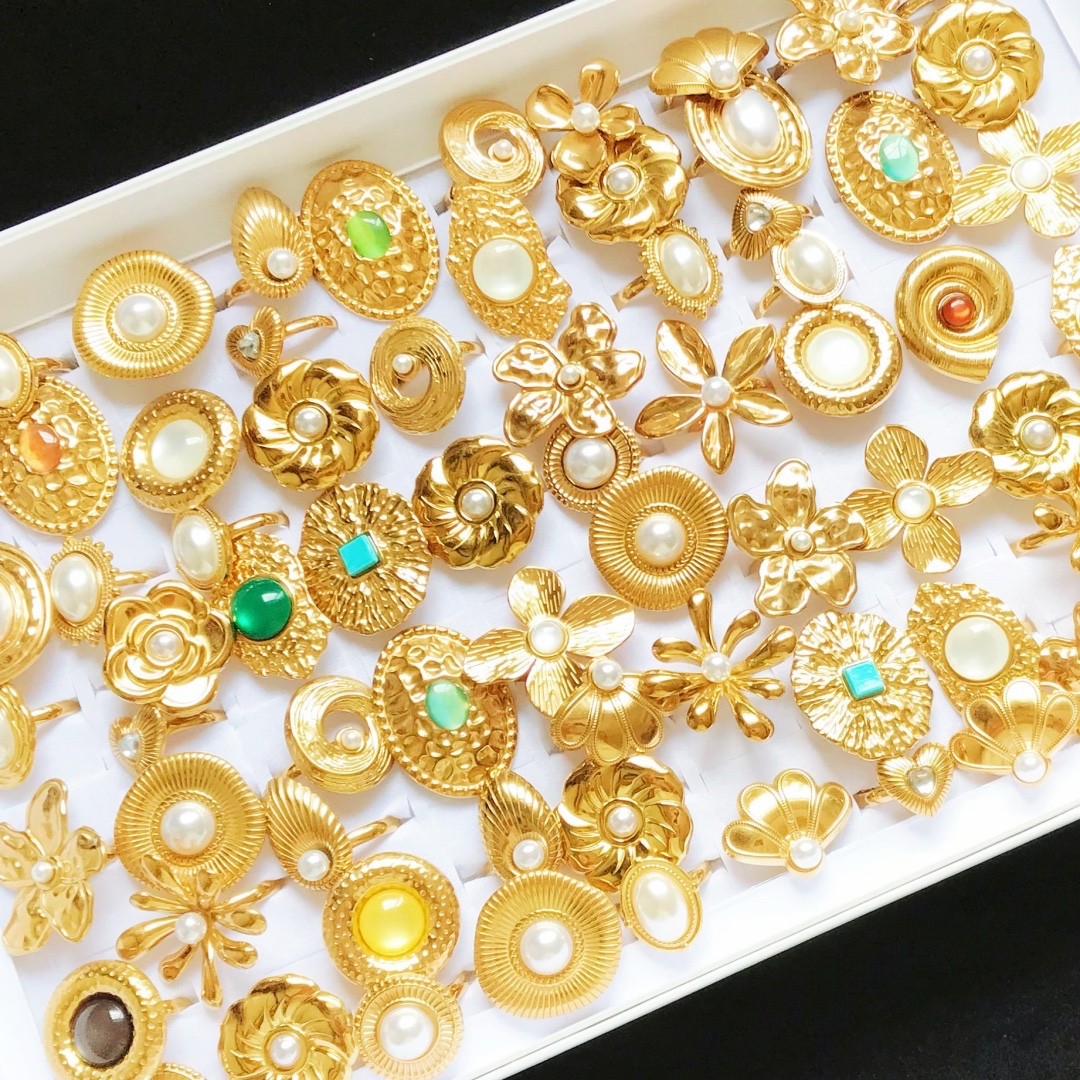Bulk Lot 20pc Mix Gold 3D Flower Pearl Stone Stainless Steel Rings Women Jewelry