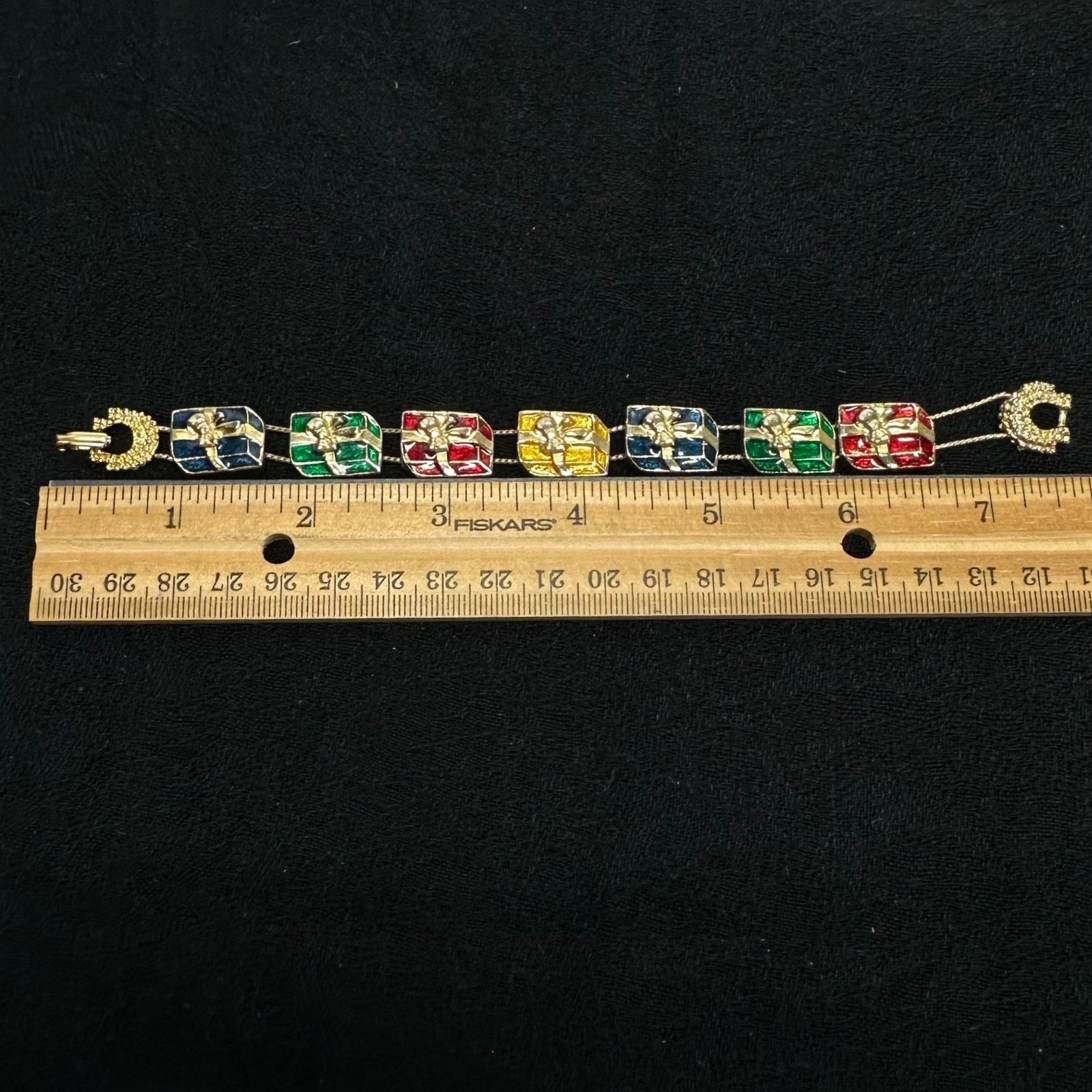 Vintage Christmas Present Bracelet Red Green Blue Enamel Gold Tone Holiday