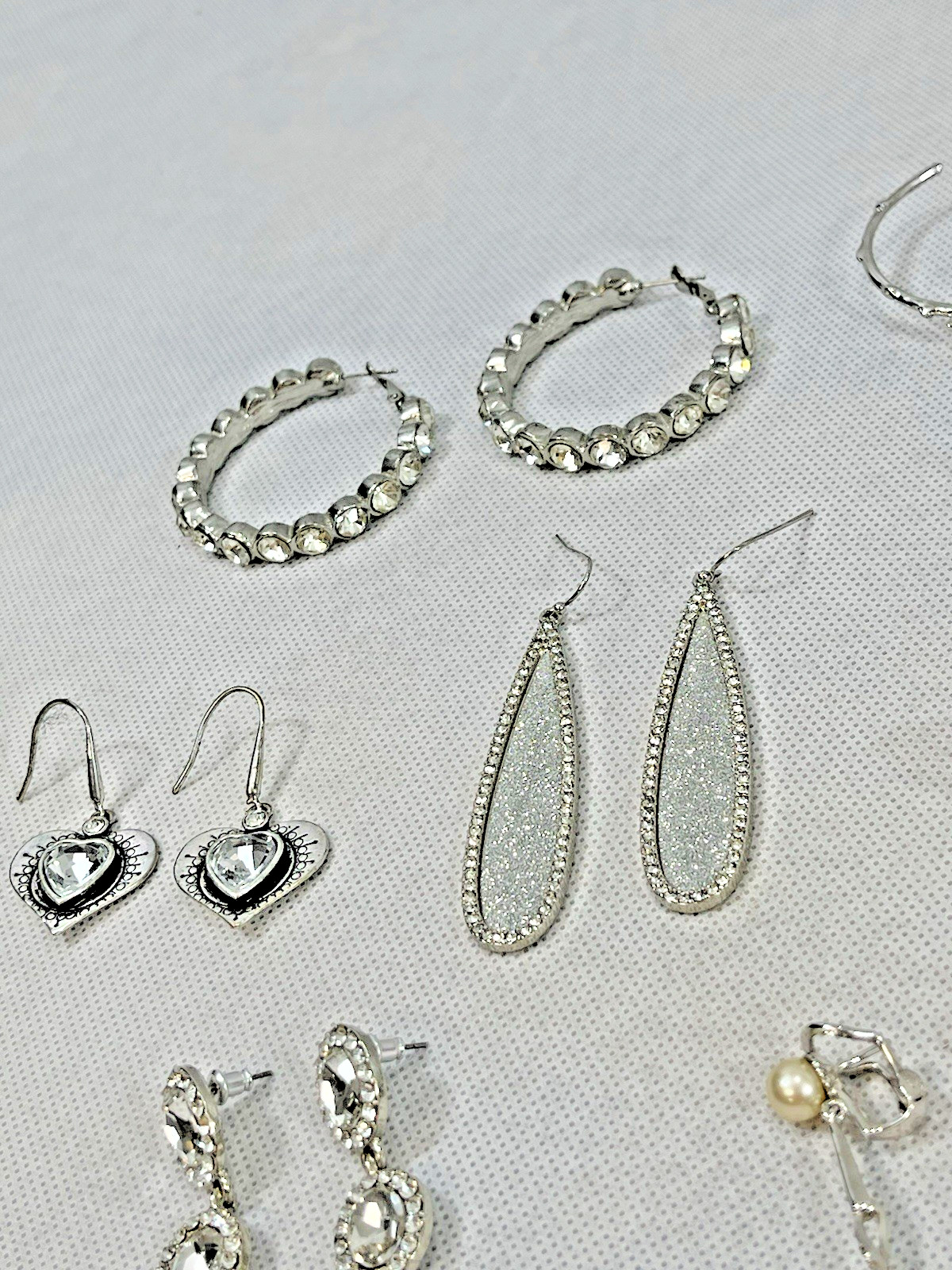 8 Pair Pierced EARRINGS LOT Faux Diamond Rhinestone Pearl Silver Tone Hoop Stud+