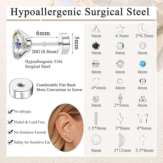21Pairs Hypoallergenic Surgical Steel Earrings – Flat Back Stud Earrings for …