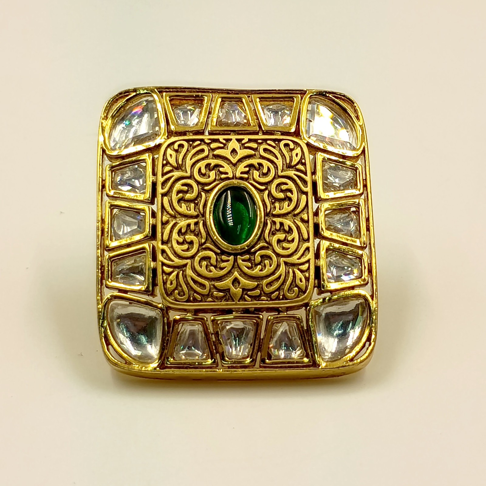Traditional South Indian Kundan Polki Ring Green Stone CZ Handmade Gift Women