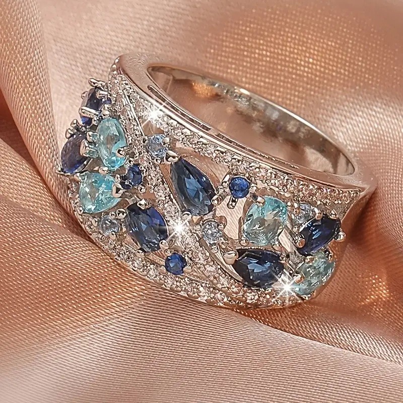 Elegant 925 Sterling Silver Blue White Topaz Wedding Engagement Ring Size 8