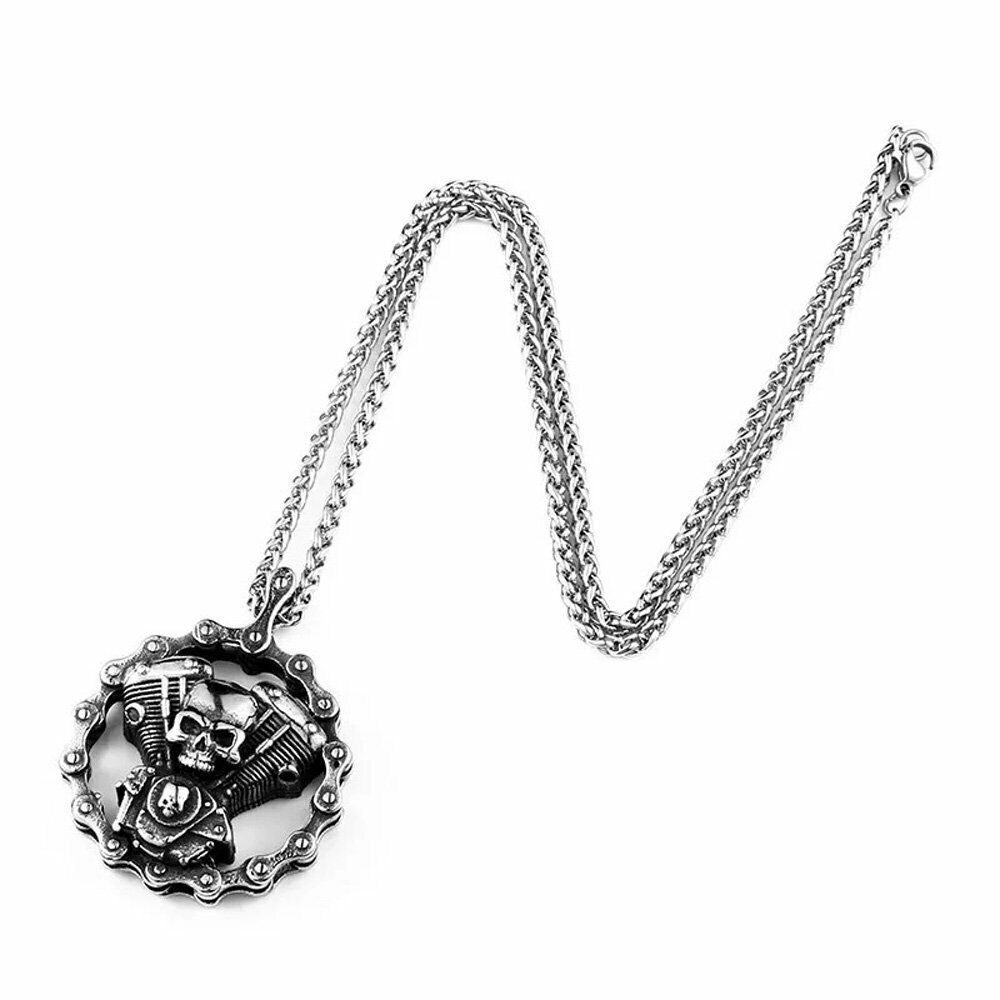 MENDEL Mens Stainless Steel Motorcycle Chain Biker Skull Pendant Necklace Men