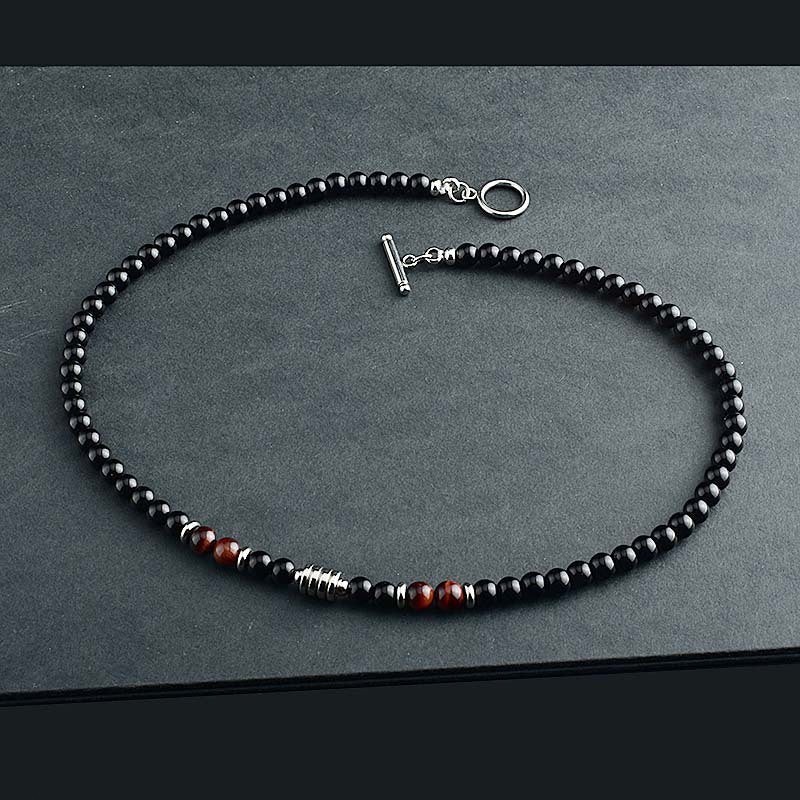 Black Agate Crystal Bead Men Necklace in Stainless Steel