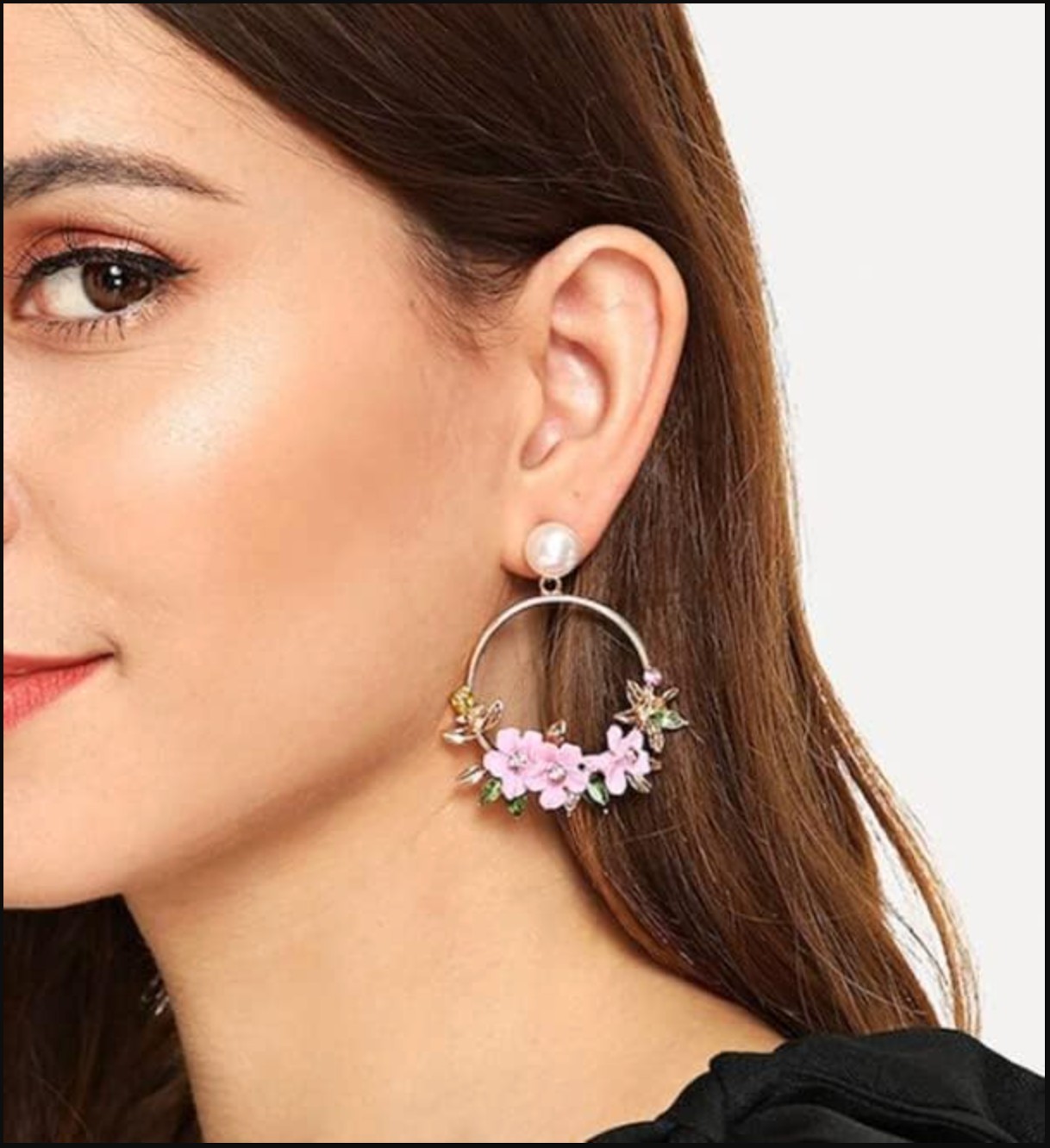 Women Pink Flower Hoop Earrings Pearl Stud Floral Dangle Earrings Gift Jewelry