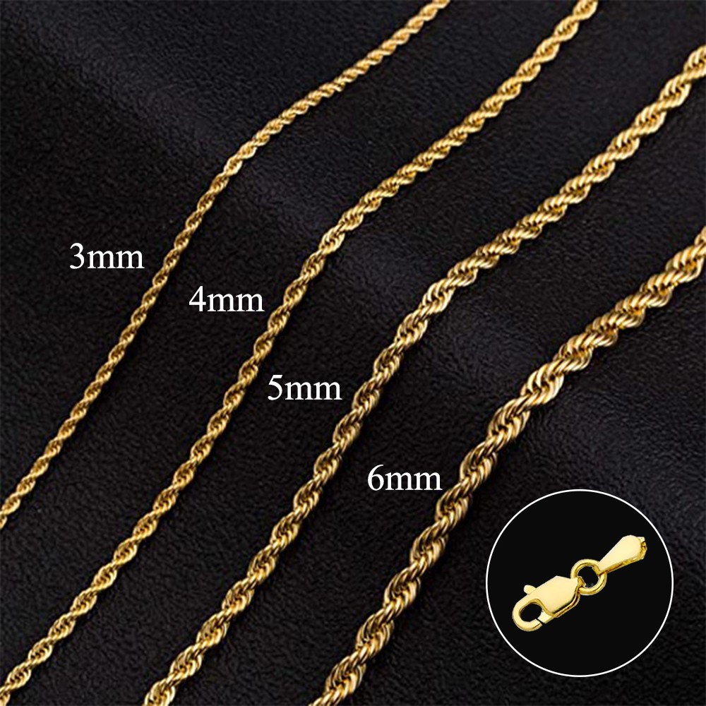14K Real Solid Yellow Gold 1.5mm-6mm Rope Chain Necklace with Lobster Claw Clasp
