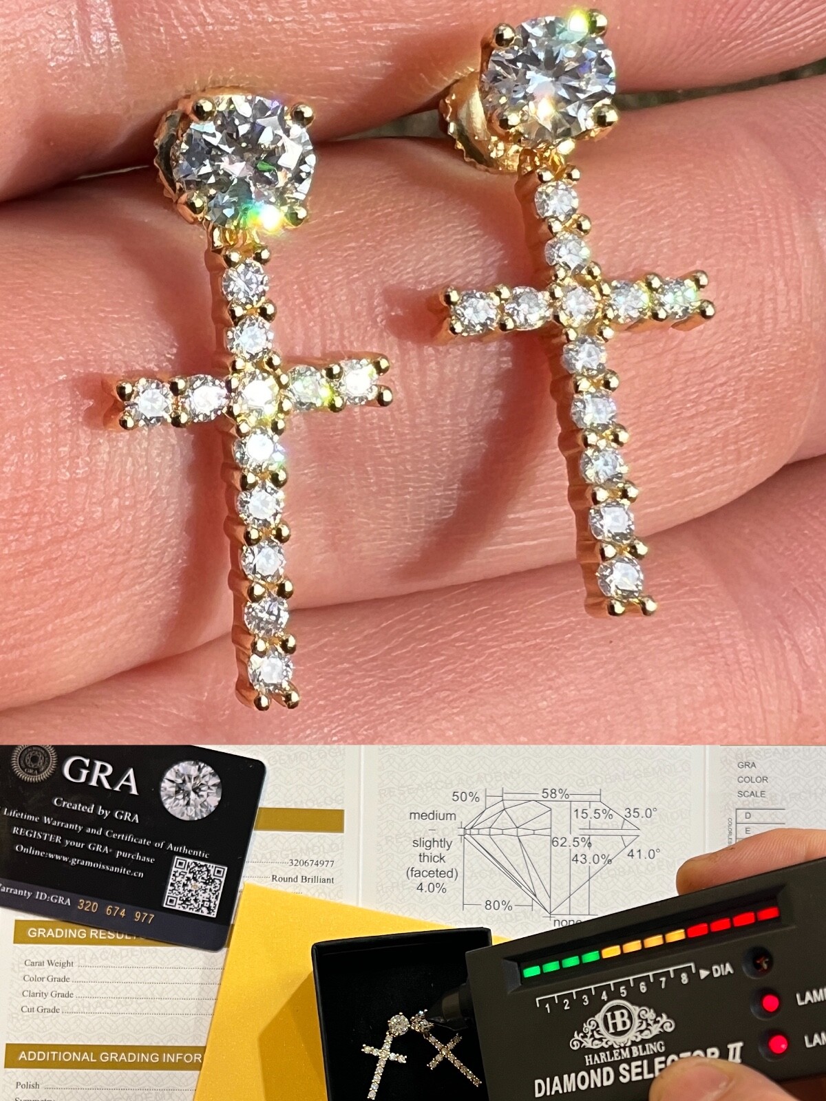 Real MOISSANITE 14k Gold Plated Dangle Cross Studs Earrings Iced Passes Tester